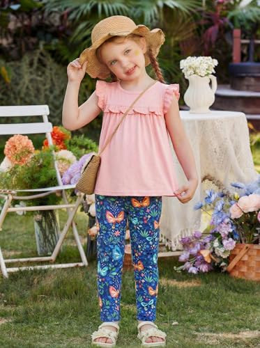 Image of Arshiner Toddler Girls 2-Piece Outfits Ruffle Sleeve Tee & Elastic Waist Pants Kids Summer Clothing Set For 2-10 Years