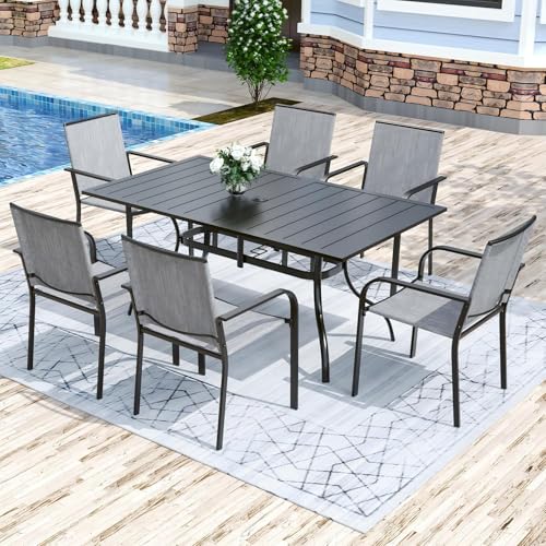 Image of Anmutig 7-Piece Outdoor Dining Set, Powder Coated Steel Table with 6 Stackable Chairs and Rectangular Table, Grey Fabric