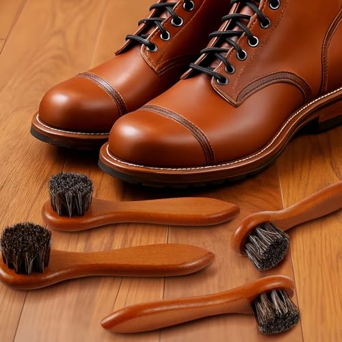 Image of 4 Pcs Horsehair Shine Shoes Brush Kit Polish Dauber Applicators Cleaning Leather Shoes Boots Care Brushes Suede Cleaner Brush with Microfiber Shoe Cloth(Brown Handle B)
