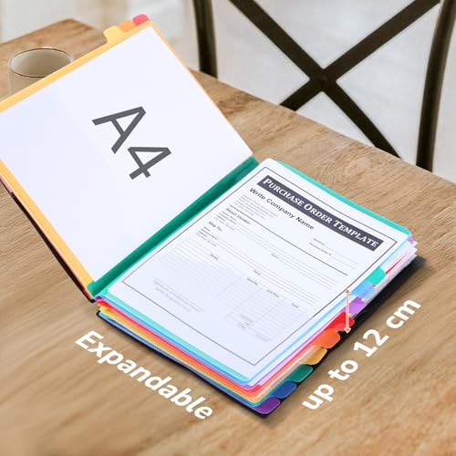 Euqvunn 12-Fach Dokumentenmappe A4, 180° Lay-Flat Open Mappe mit Fächern, Ordnungsmappe mit Gummiband, Schwarz A4 Sortiermappe mit Regenbogen-Etiketten, Ideal für Büro und Schule