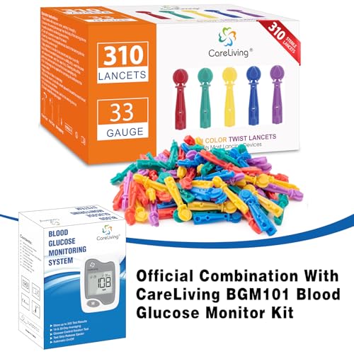 CareLiving Blood Lancets for Diabetes Testing - 33 Gauge Diabetic Lancets for Blood Testing and Glucose Testing - Fits Most Lancing Devices - 310 Count (Colourful)