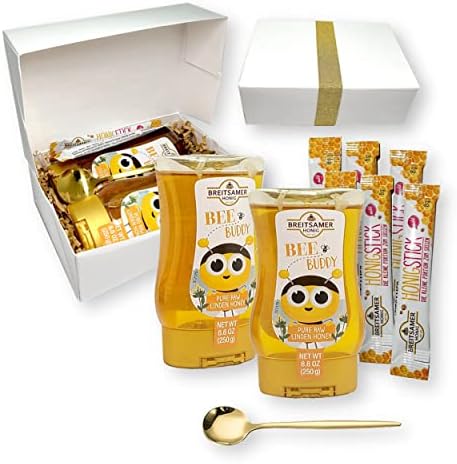 Breitsamer Honig Gift Set -2 Bee Buddy Pure Raw BLOSSOM Honey Squeeze Bottles 8.8 oz. Ea, 6 Honey Sticks, and 1 Gold Stainless Steel Round Tea Spoon (9-Pc Set)