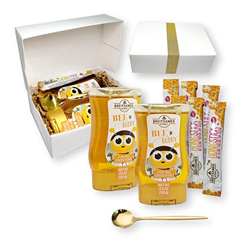 Breitsamer Honig Gift Set -2 Bee Buddy Pure Raw Blossom Honey Squeeze Bottles 8.8 Oz. Ea, 6 Honey Sticks, And 1 Gold Stainless Steel Round Tea Spoon (9-Pc Set) #TOP2