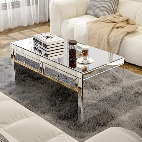 Ikifly Mirrored Coffee Table With 2 Crystal Drawers, Glass Rectangle End Table Coffee Tea Table For Living Room Bedroom #TOP5