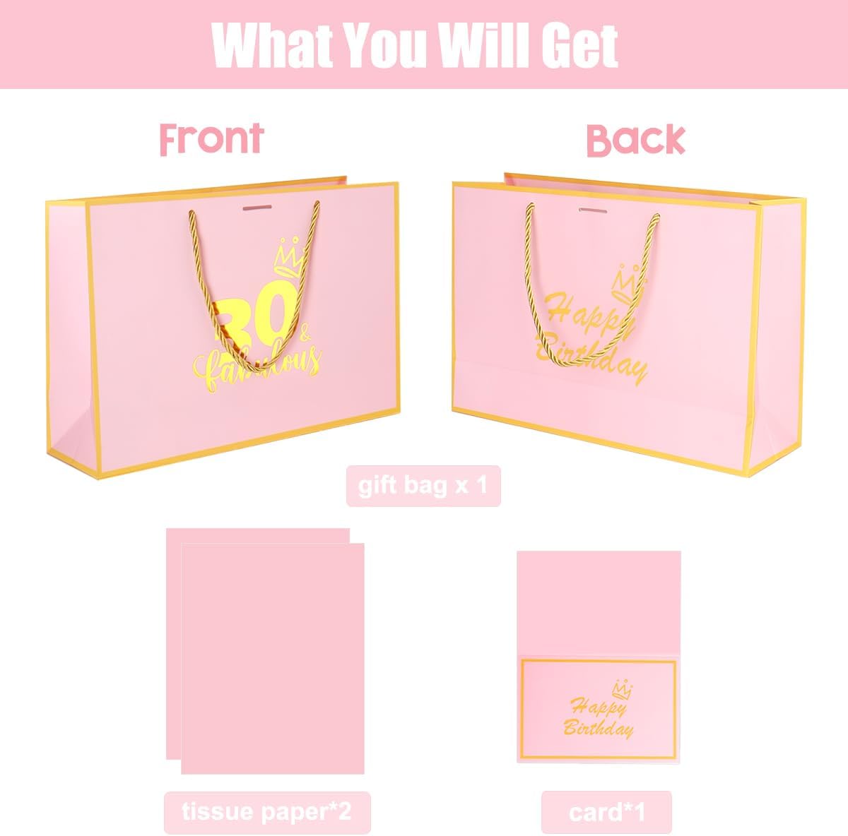 Dimetey 12.6Inch 30th Birthday Gift Bag with gift Card and Tissue Paper for Women Girl's 30th Birthday Supplies (Pink 30th) image 3