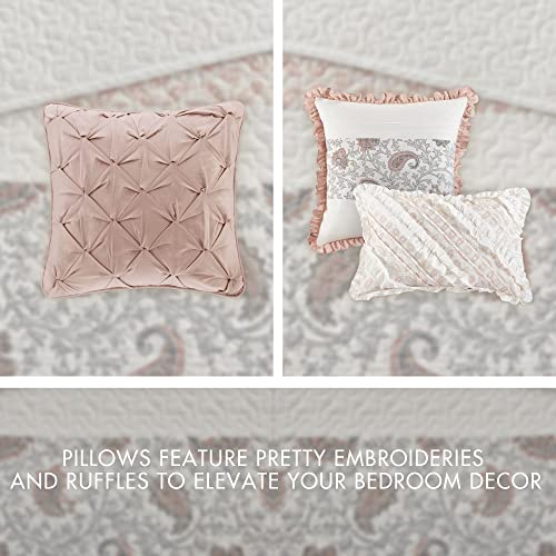 Madison Park 100% Cotton Quilt Set Floral Print, Double Sided Stitching, All Season, Lightweight Coverlet Shabby Chic Bedding Layer, Matching Shams, King/Cal King, Blush 6 Piece #TOP4