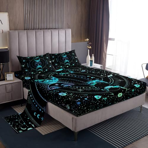 Manfei Sun and Moon Sheet Set Twin Size, Stars Space Psychedelic Bedding Set for Kids Girl Room Decor, Blue Sun Moon Boho Bed Sheet Set 3pcs with Deep Pocket Fitted Sheet + Flat Sheet + 1 Pillowcase