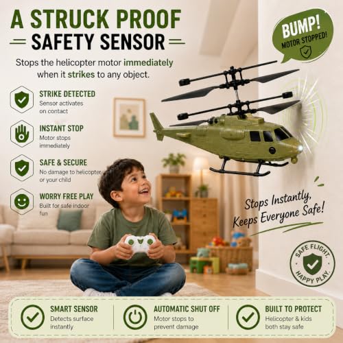 Image of Unique Design RC Helicopter for Kids with Safety Sensor & Gravity Sensor | LED Light | Rechargeable Flying Toy | Indoor & Outdoor Flying | Up & Down Movement | Remote Battery Not Included (Army Green)