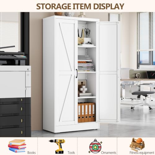Image of White Metal Storage Cabinet, 67 inch Kitchen Pantry Cabinets for Office | Steel Kitchen Pantry Storage with Doors and 3 Adjustable Shelves, Metal Tool Cabinet, for Office, Home, Garage, School