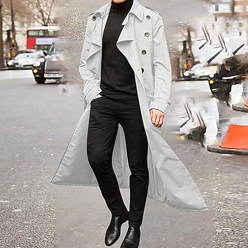 Ctreela Mens Long Trench Coat Business Casual Double Breasted Overcoat Fall Winter Solid Color Windbreaker Lapel Outwear2