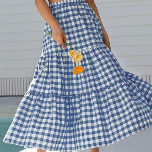Y2k Women Gingham Tiered Maxi Skirts A Line Ruffle Plaid Midi Skirt Flowy Long Skirt Losse Summer Beach Casual3