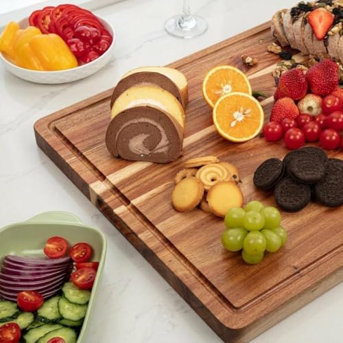 Tabla de cortar grande de madera de acacia – gruesa, bloque para carnicero con ranuras profundas para jugos, mangos ergonómicos, resistente para cocina, 61x46 cm miniatura 2
