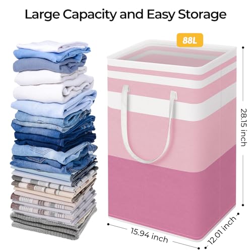 HomeHacks 2 Pack Large Laundry Baskets, Waterproof, Freestanding Laundry Hampers, Collapsible Clothes Hamper with Reinforced Handles in Laundry, College Dorm, Bathroom, Bedroom (Blue+Pink, 88Lx2)