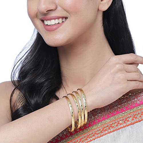 Image of ZENEME Set Of 4 Gold-Plated Textured Handcarfted Classic Bangles For Girls and Women