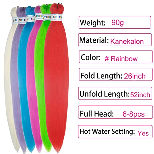 Colorful Braiding Hair Pre Strteched Kanekalon Braids Hair Extensions 26Inch Long 6Pcs Knotless Muti Color Rainbow Braiding Hair Prestretched #TOP1