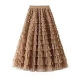 SotRong Gonna in tulle da donna, con elastico in vita, lunga, multistrato, pieghettata, in tulle/mesh, vaporosa, maxi gonna stile principessa, per feste e balli scolastici, A-cachi, Taglia unica