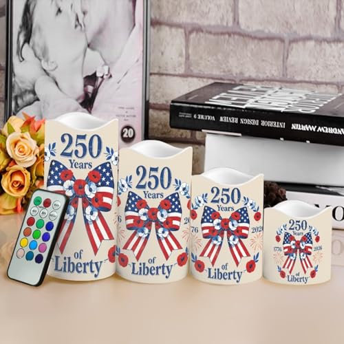 Image of 250 Years of Liberty Electric Flameless Candles Bow Flowers LED Battery Operated Remote 250th Anniversary Fourth of July Lamp Patriotic Decor for Home Patio Celebration Set of 4