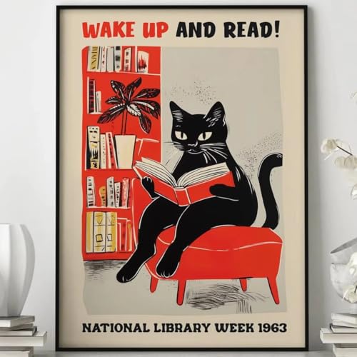 Affiche sur toile chat fantaisiste lisant AEFOUU pour habiller un grand mur vide