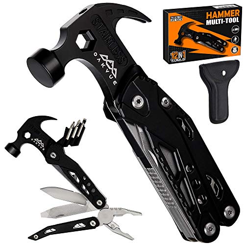 OAKVUE Camping Multitool â€“ 12-in-1 Utility Hammer for Camping, Backpacking, Hiking â€“ Pocket Size Hammer Multitool with Bottle Opener, Screwdriver â€“ Durable, Compact and Lightweight (Black)