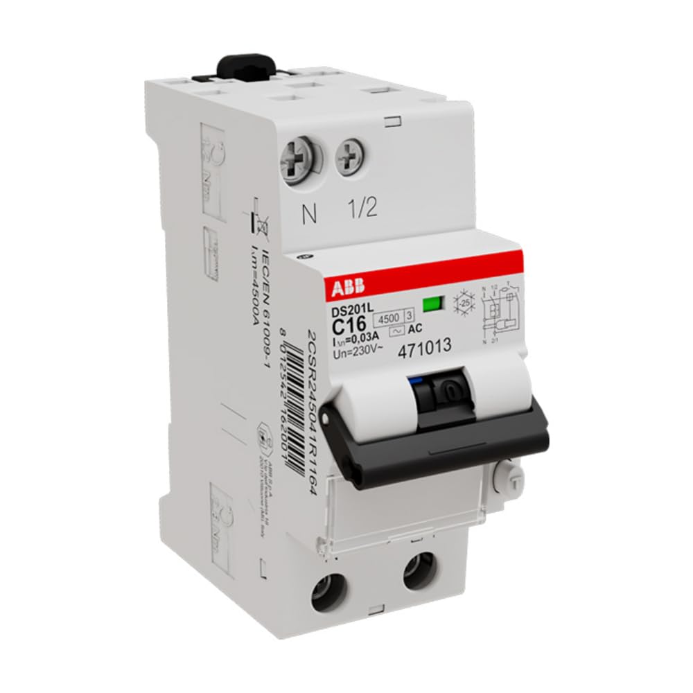 ABB RCBO DS201 FI/LS-Schalter 16A, 1P+N-polig Typ C, Empfindlichkeit 30mA, DIN-Schienen-Montage