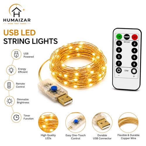 Image of HUMAIZAR 5M USB Powered LED String Lights with Remote & 8 Modes, Copper Wire Fairy Lights for Bedroom, Wedding, Christmas, Ramadan, Diwali, Party, Curtain & Home Decoration (Yellow Light)