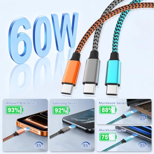 Exeric USB C to USB C Cable 60W Fast Charging Nylon Braided 3PACK 6FT - image 2