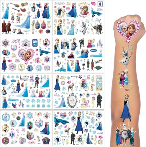 ROMANVIC Elsa Tattoo Kinder 8 Blätt Frozen Temporäre Klebetattoos Anna und Elsa Geschenke 180+ Frozen Tattoos für Kindergeburtstag Party Deko Hautfreundliche Temporäre Kindertattoos