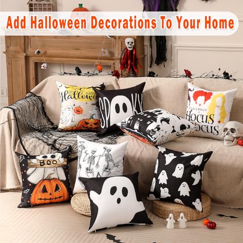 Halloween Decorations Set of 4 Double-Sided Print Ghost Pillow Covers 20" x 20", with 8 Cute Different Looks with Halloween Decor, Soft Linen Throw Pillow Covers for Outdoor & Indoor Use