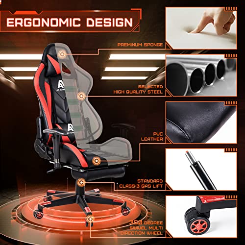 Image of Gaming High Back Ergonomic Computer Racing Chair - Adjustable Office With Footrest, Lumbar Support, Swivel - Upgraded Version BlackRed