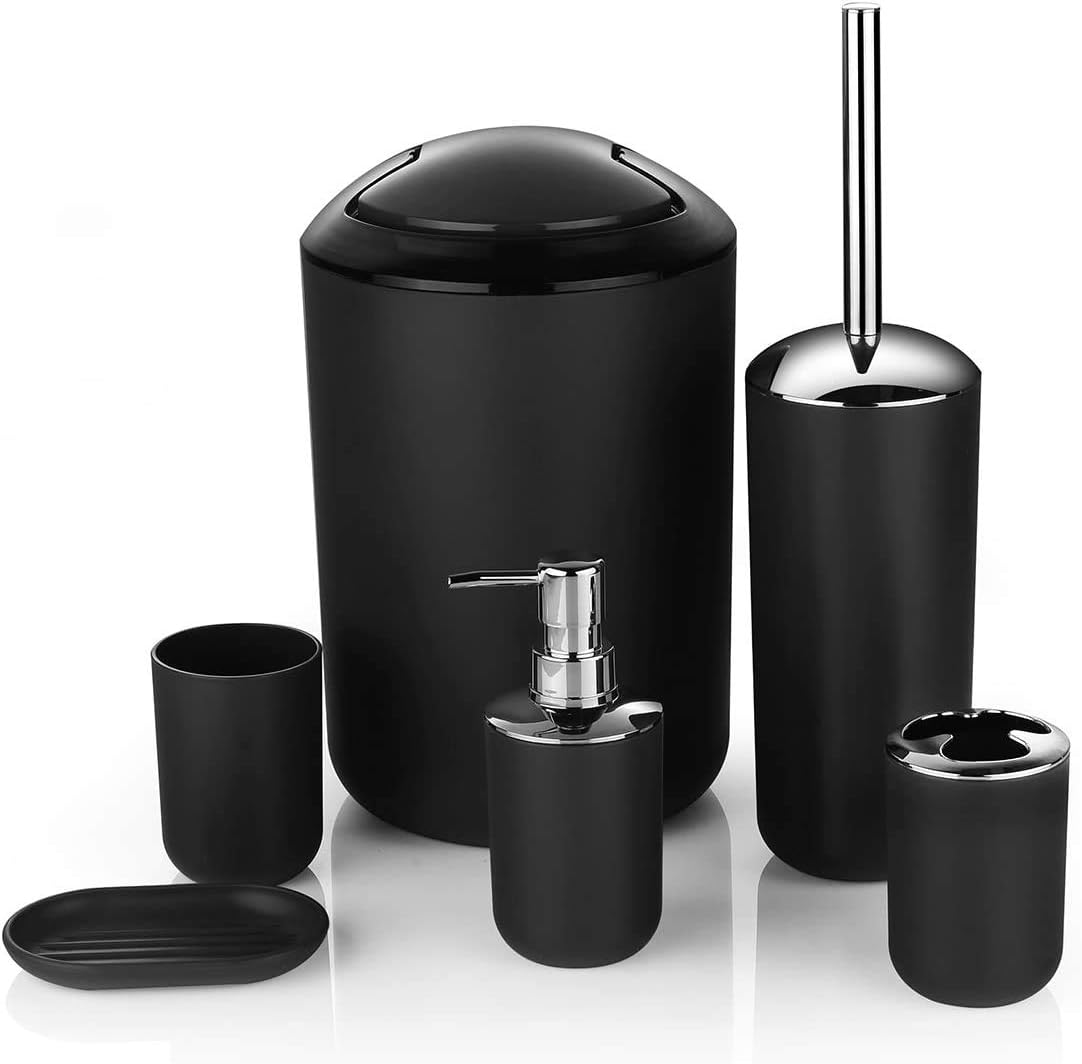 6 Pcs Plastic Bathroom Accessory Set Luxury Bath Accessories Bath Set Lotion Bottles, Toothbrush Holder, Tooth Mug, Soap Dish, Toilet Brush, Trash Can, Rubbish Bin (Black)