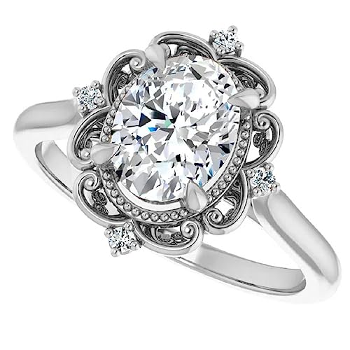 2.5 Carat 14K White Gold Vintage Halo Style Channel Ring Oval Brilliant Diamond Engagement Ring Milgrain with Moissanite Center