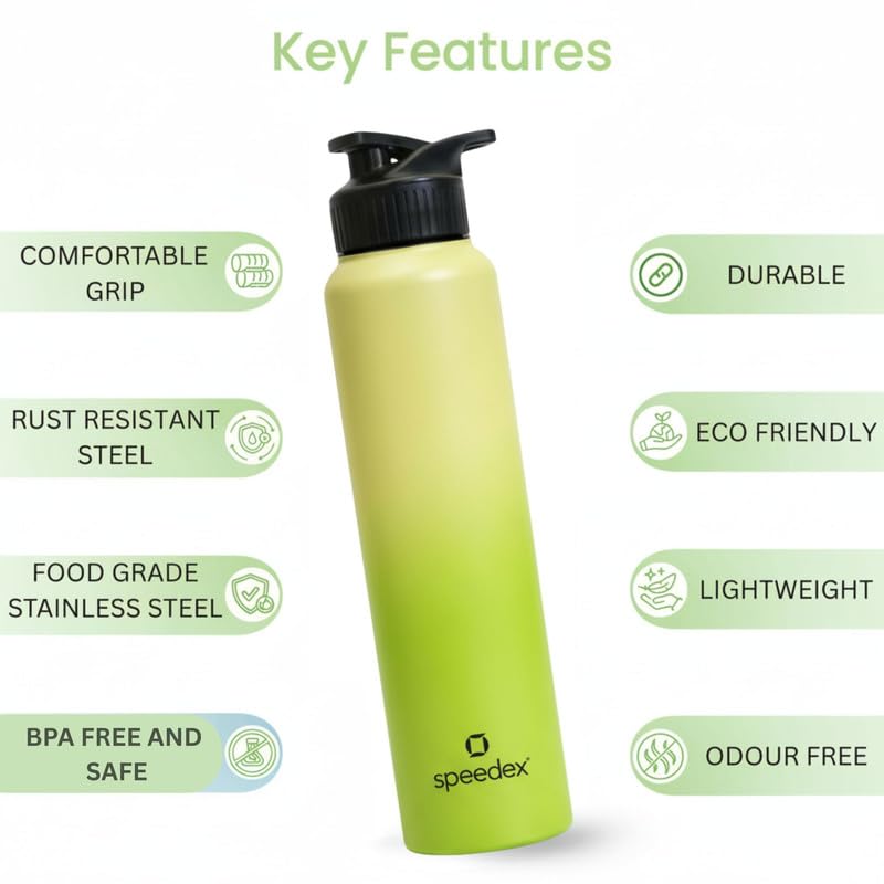 Image of Speedex Stainless Steel Metal Water Bottle 1 Ltr 1000 ml, BIS Approved, Leak Proof Sipper Cap Bottle for Office, School, Gym, Travel, Daily Use for Men, Women, Kids, Adults, Lime Green, Set of 2