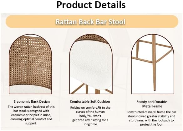Miniatura 7 de Juego de 2 taburetes de bar de ratán, taburetes de mimbre de altura de mostrador, taburetes de bar de ratán de polietileno con patas de metal, juego