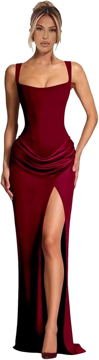 Mermaid Satin Prom Dress for Women Ruffled Spaghetti Straps Long Formal Dresses with Slit