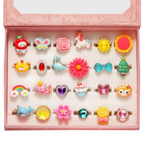 PinkSheep Little Girl Jewel Rings in Box, Adjustable, No Duplication, Girl Pretend Play and Dress Up Rings (24 Lovely Ring)