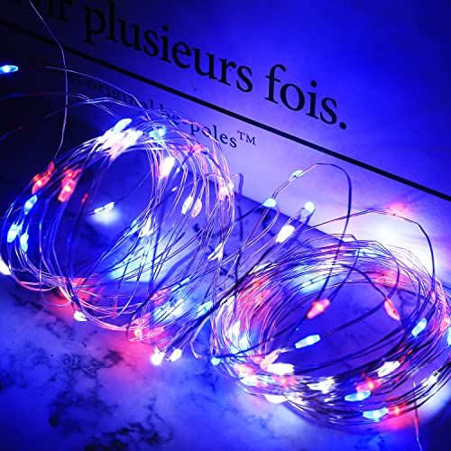 Image of Curyidy 4th of July Decorations Lights, Red White Blue Fairy Lights 2 Pack 100LED String Lights Remote Control Patriotic Lights for Independence Memorial Day Decorations