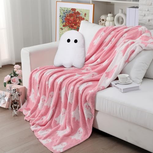 Hillsuren Halloween Throw Blankets and Pillow Set Include Ghost Spooky Pink and White Double Sided Flannel Blanket 50 x 60 Inch and Plush Throw Pillows Cushion for Couch Sofa Bed Home Decorations
