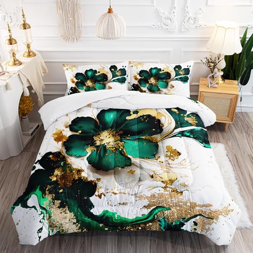 AILONEN Marble Bedding Set Queen Size,Gold Green Floral Comforter Set,Marble