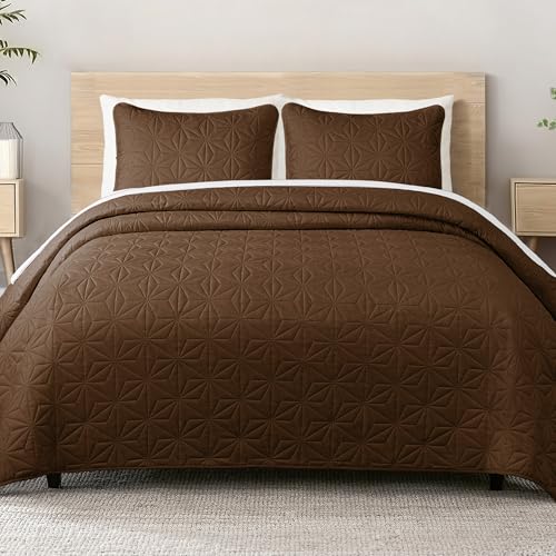 Whale Flotilla Couvre-Lit 240x260 cm avec 2 Taies d'oreiller, Dessus de Lit Gaufré Doux Léger avec Motif Géométrique pour 4-Saisons, Marron