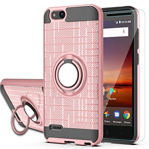 ZTE Blade Vantage Case,ZTE Tempo X,ZTE Avid 4 Phone Cases with HD Phone Screen Protector,YmhxcY 360 Degree Rotating Ring & Bracket Dual Layer Resistant Back Cover for ZTE Tempo X N9137-ZH Rose Gold