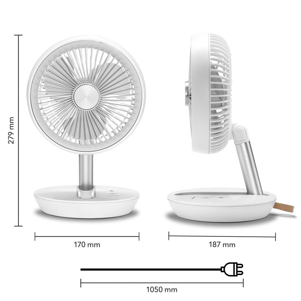 TROTEC TVE 2 W mini ventilatore da tavolo a batteria, 25 W, bianco | 2 velocità, rotazione 360°, compatto per ufficio, camera da letto, campeggio, viaggio e casa
