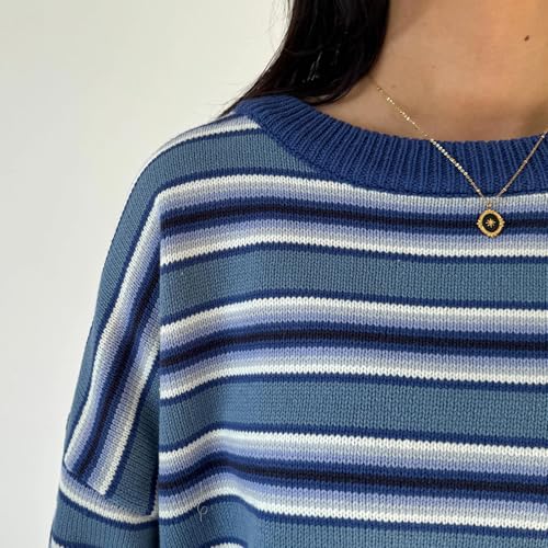 Image of Women Vintage Striped Pullover Sweater Y2k Long Sleeve Crew Neck Loose Knit Sweaters Fall Winter Knitwear
