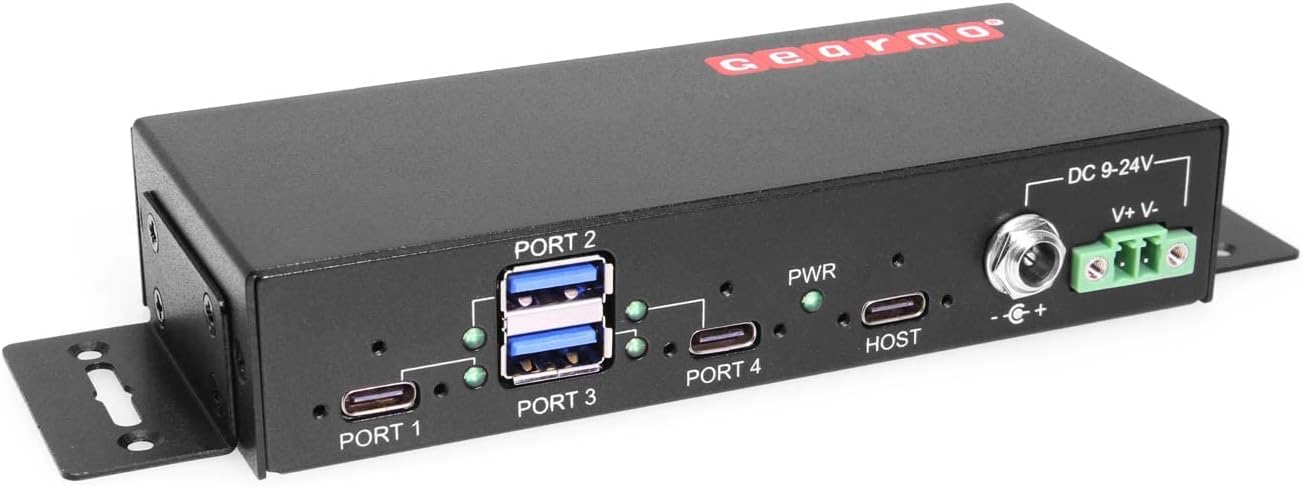 Gearmo 4-Port USB 3.2 Gen 2 Type-C Hub with 10Gbps Speed, Surge Protection, Rugged Design & Mounting Options