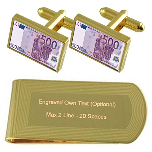 Set de regalo con gemelos de 500 Euros tono oro y money clip grabado para ocasiones especiales.
