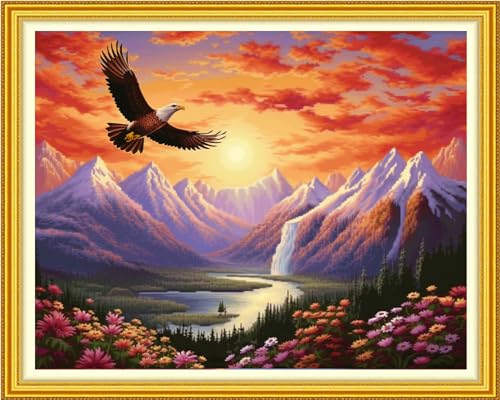 Image of Funchey Stamped Cross Stitch Kits, DIY Cross Stitch Pattern for Adults Beginners Needlepoint Kits Embroidery Kit Arts and Crafts 11CT-Mountain and River Owl 16x20 inch