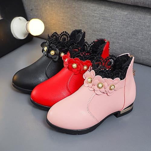 Low Heel Shoes for 4 to 12Y Little/big Kids Shoes Fashion Boots Shoes Plush Low Tube 3D Flowers (Pink, 9.5 Little Child)2