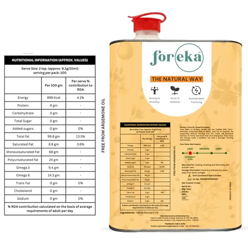 Image of Foreka Cold Pressed Mustard Oil - Unrefined Oil For Cooking - Chemical-free and 100% Natural (5 Litre, Yellow Mustard)