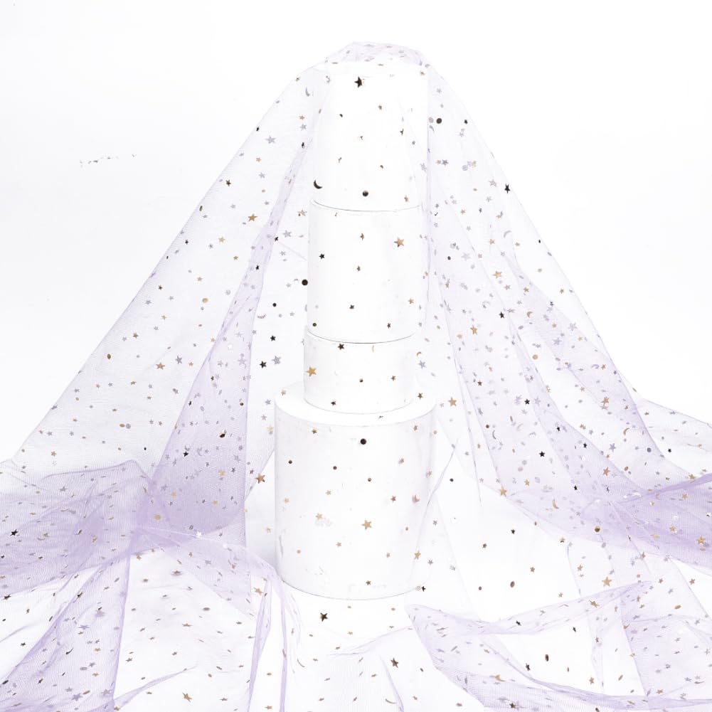 HOBBIESAY 3 Yards(2.74m) Tulle Glitter Fabric Sequin Tulle Fabric Sheer Shiny Netting Fabrics Star Moon Glitter Fabrics Purple for Bridal Dress Home
