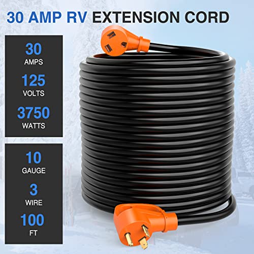 Image of Nilight 30 Amp 100FT RV Extension Cord 125V Heavy Duty 10 Gauge Pure Copper STW Wire UL ETL Listed 3 Prong TT-30P TT-30R 30F /30M Weatherproof Suit for Camper Caravan Trailer