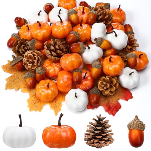 Yookeer 120pcs Fall Mini Pumpkins Artificial Acorns Pine Cones for Decorating Fall Bowl Filler Thanksgiving Table Centerpiece Small Fake Prop Bulk for Vase Autumn Harvest DIY Craft(Lovely Color)